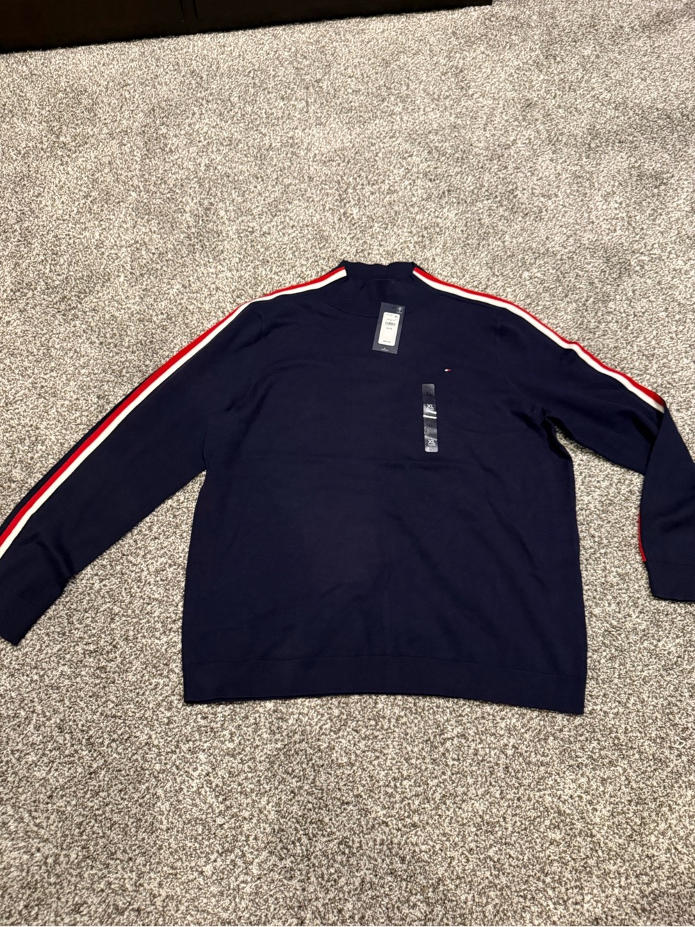 Tommy Hilfiger Navy Mock Neck Sweater with Red & White Sleeve Stripes